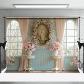 Aperturee - Aperturee Pink Floral Vintage Portrait Blue Window Backdrop